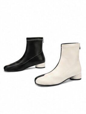 Split Toe Ankle Boots Women Tabi Shoes Low Chunky Heels Bootie-Beige & Black